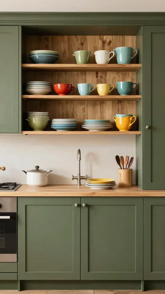 17 Modern Olive Green Kitchen Cabinet Ideas You’ll Love - 8. Open Shelving with Olive Green Cabinets 1