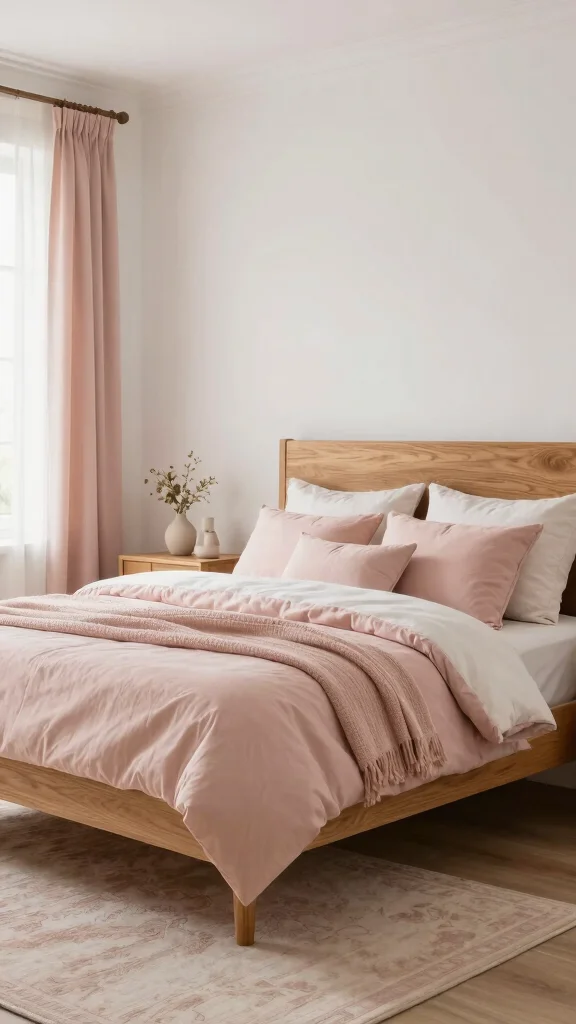 17 Oak Bedroom Furniture Ideas and Paint Colors - 17. Oak Furniture with Soft Blush Accents 1