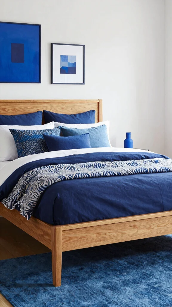 17 Oak Bedroom Furniture Ideas and Paint Colors - 4. Oak Furniture with Bold Blue Accents 1