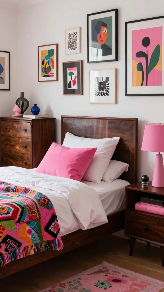 17 Pink Bedroom with Dark Wood Furniture Inspiration - 10. Eclectic and Playful 1