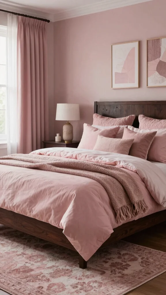17 Pink Bedroom with Dark Wood Furniture Inspiration - 11. Layered Textures 1