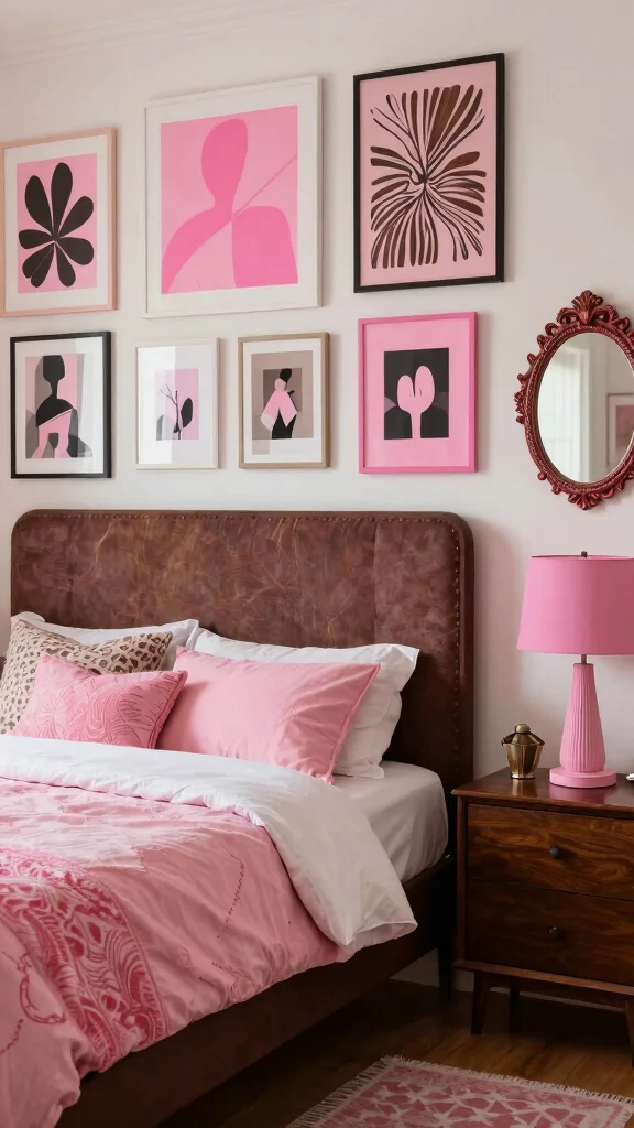 17 Pink Bedroom with Dark Wood Furniture Inspiration - 13. Artistic Flair 1