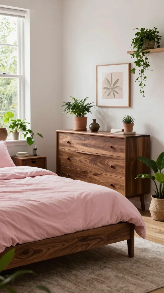 17 Pink Bedroom with Dark Wood Furniture Inspiration - 14. Natural Elements 1