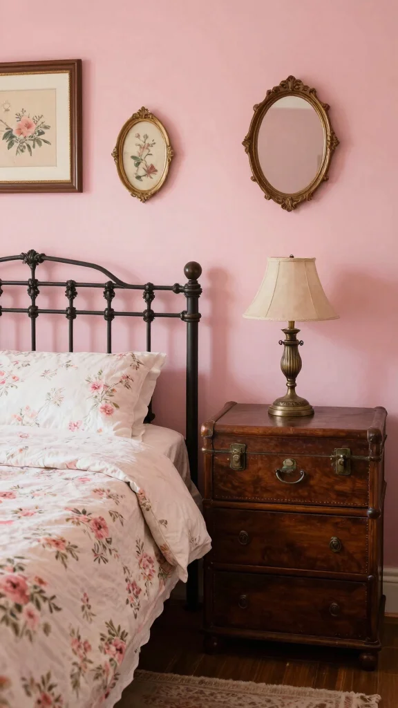 17 Pink Bedroom with Dark Wood Furniture Inspiration - 4. Vintage-Inspired Retreat 1