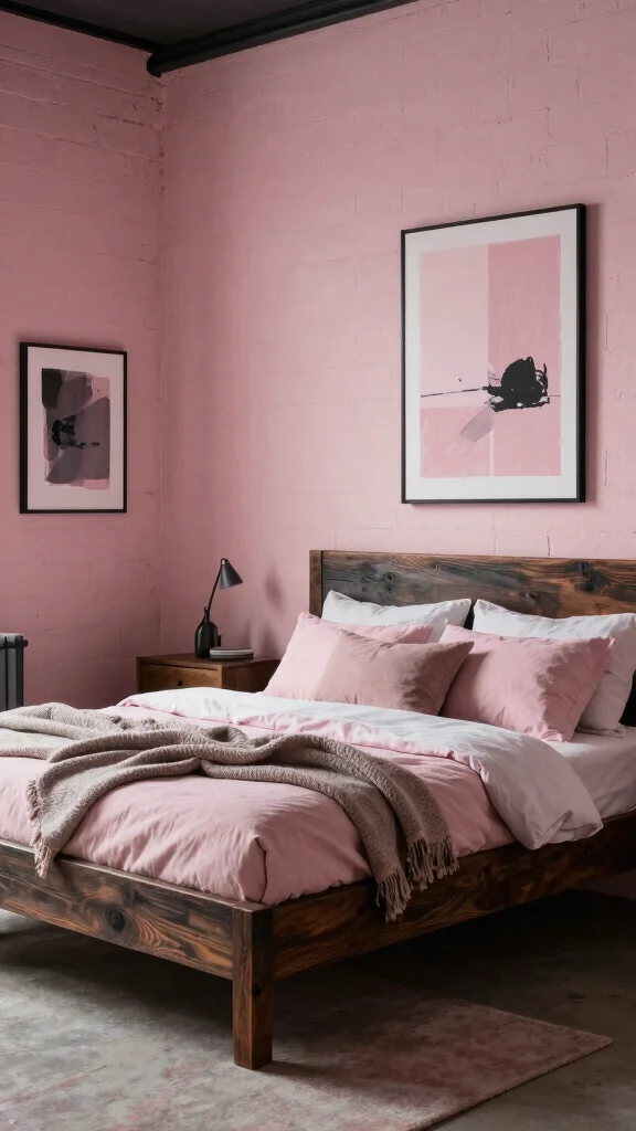 17 Pink Bedroom with Dark Wood Furniture Inspiration - 7. Industrial Meets Cozy 1