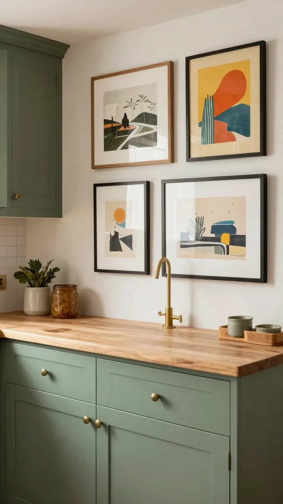 17 Sage Green Cabinets with Butcher Block Countertops Ideas - 15. Artistic Displays 1