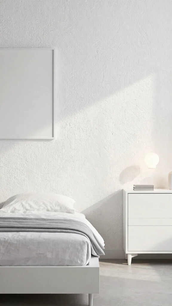 17 White Bedroom Furniture and Wall Color Ideas - 7. Textured White Walls with Minimalist Decor 1