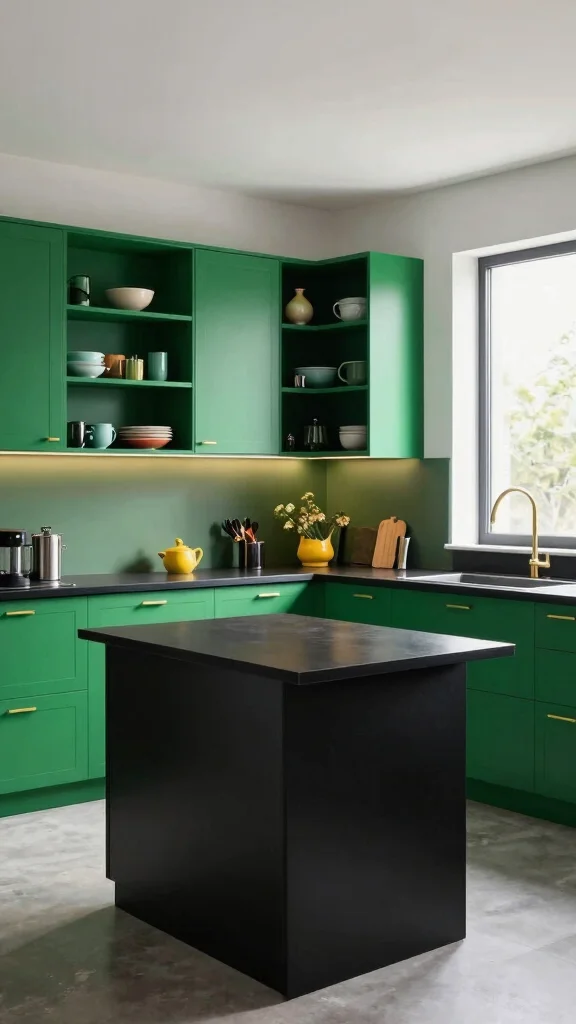 18 Bold Green and Black Kitchen Ideas for Modern Homes - 1. Statement Green Cabinets 1