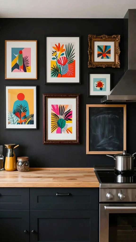 18 Bold Green and Black Kitchen Ideas for Modern Homes - 11. Eclectic Wall Art 1