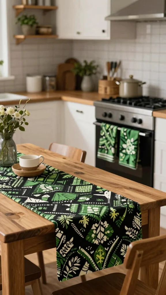 18 Bold Green and Black Kitchen Ideas for Modern Homes - 13. Black and Green Textiles 1