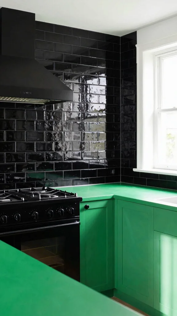 18 Bold Green and Black Kitchen Ideas for Modern Homes - 2. Black Subway Tiles 1