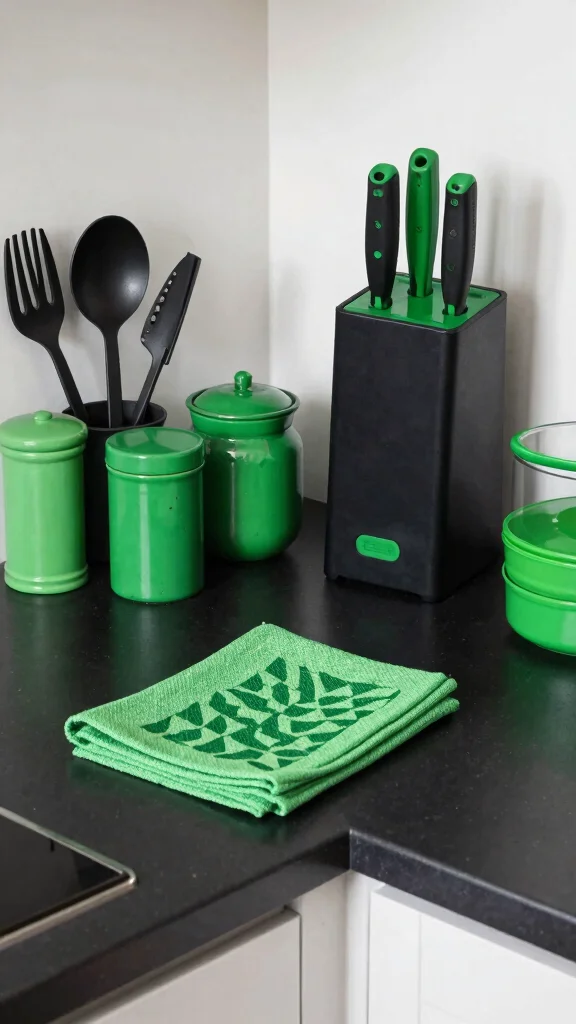 18 Bold Green and Black Kitchen Ideas for Modern Homes - 3. Green and Black Kitchen Accessories 1