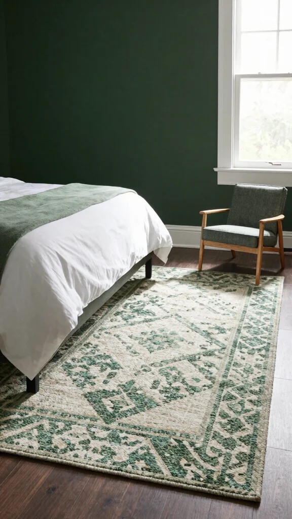 18 Dark Green Bedroom with White Furniture Inspiration - 11. Thoughtful Area Rugs 1