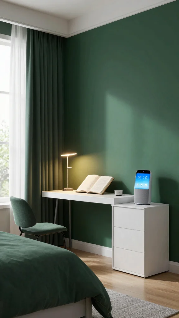 18 Dark Green Bedroom with White Furniture Inspiration - 17. Smart Tech Integration 1