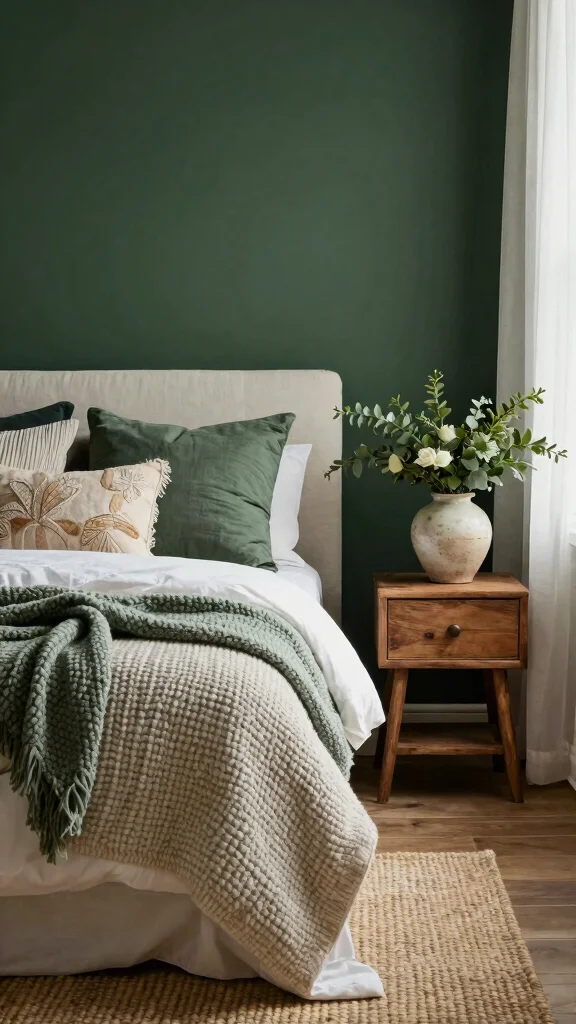 18 Dark Green Bedroom with White Furniture Inspiration - 5. Layering Textures 1