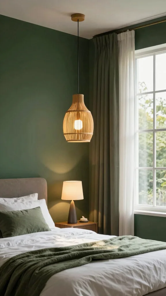 18 Dark Green Bedroom with White Furniture Inspiration - 7. Eco-Friendly Lighting 1