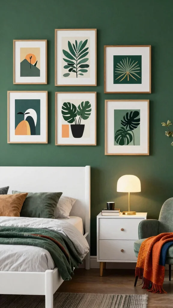 18 Dark Green Bedroom with White Furniture Inspiration - 9. Artistic Touches 1