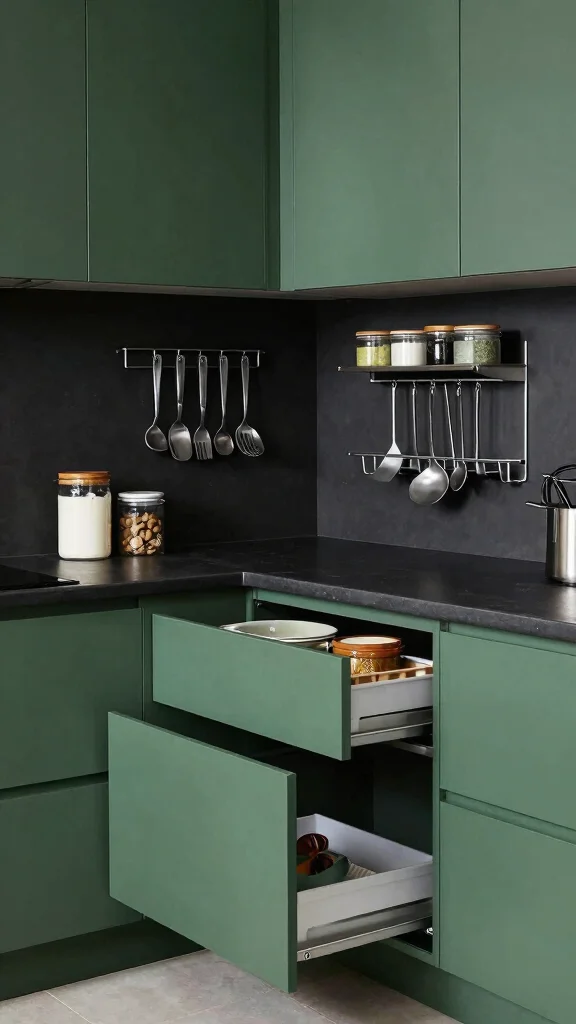18 Dark Green Kitchens with Black Countertops: Design Tips - 13. Plan for Smart Storage Solutions 1