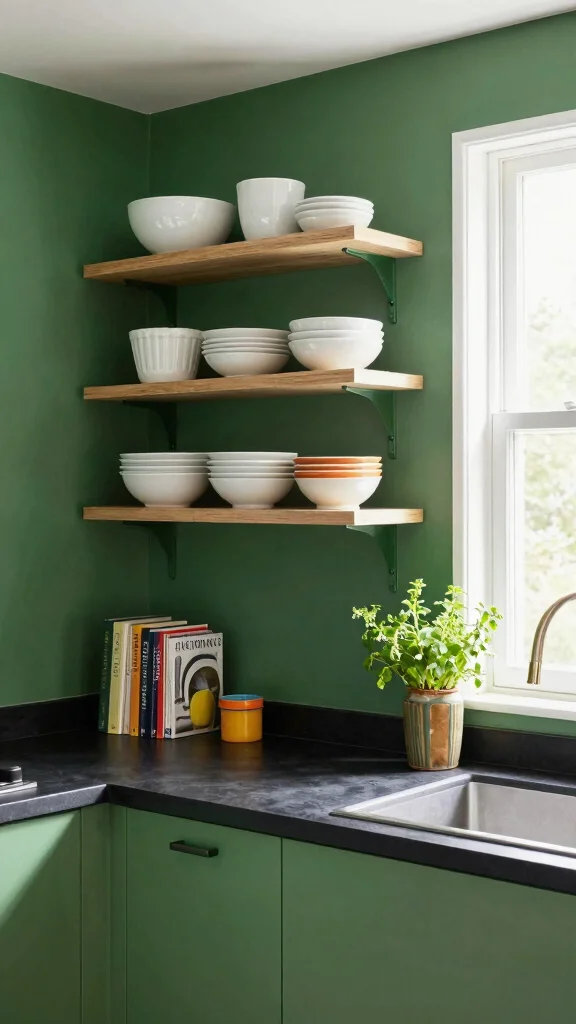 18 Dark Green Kitchens with Black Countertops: Design Tips - 4. Incorporate Open Shelving 1