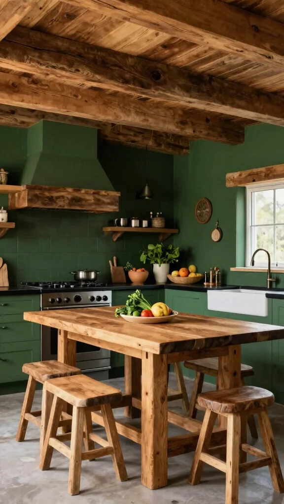 18 Dark Green Kitchens with Black Countertops: Design Tips - 7. Create a Rustic Vibe with Wood Elements 1