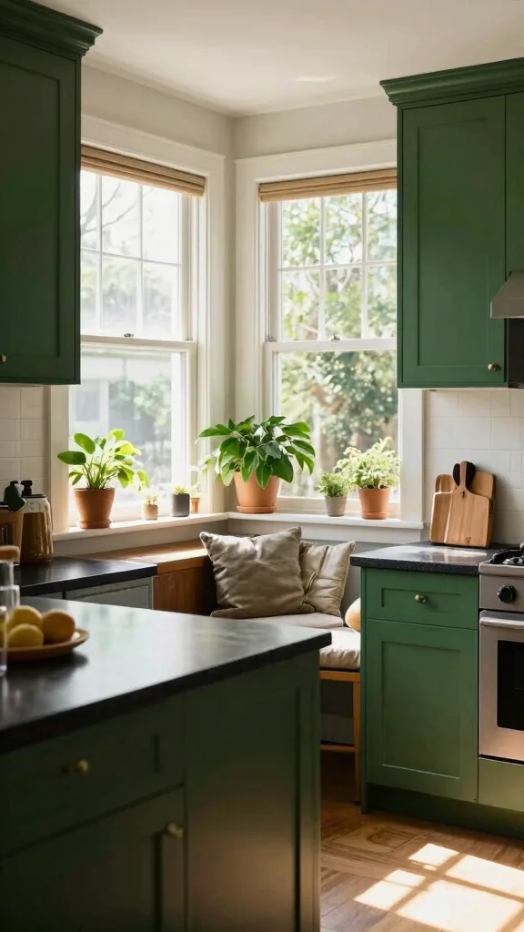 18 Dark Green Kitchens with Black Countertops: Design Tips - 8. Integrate Natural Light 1