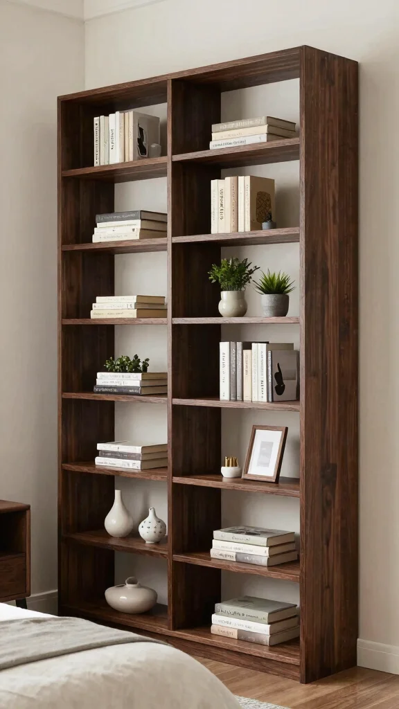 18 Dark Wood Bedroom Furniture Decor Ideas for a Cozy & Stylish Space - 15. Dark Wood Shelving Units 1