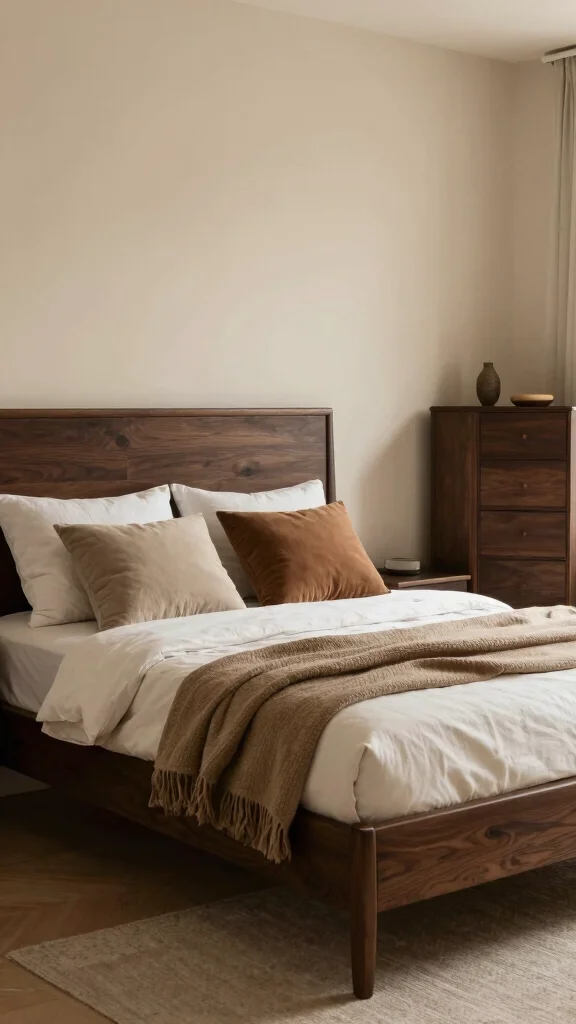 18 Dark Wood Bedroom Furniture Decor Ideas for a Cozy & Stylish Space - 9. Warm Color Schemes with Dark Wood 1