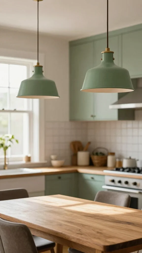 18 Farmhouse Sage Green Kitchen Ideas for a Cozy & Stylish Home - 10. Sage Green Lighting Fixtures 1