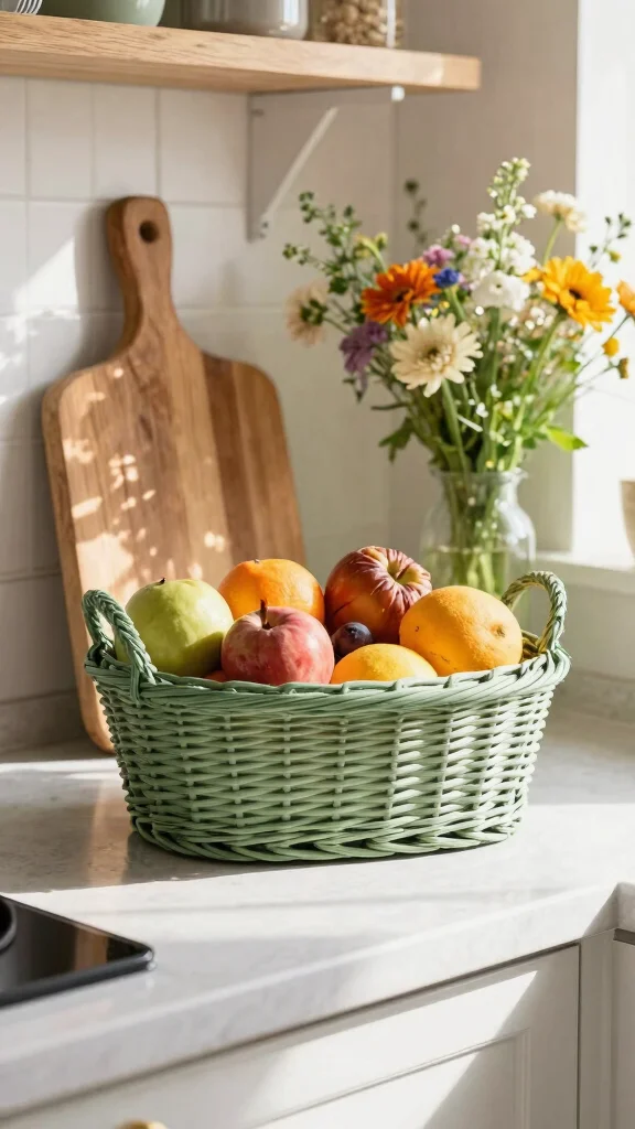 18 Farmhouse Sage Green Kitchen Ideas for a Cozy & Stylish Home - 13. Sage Green Fruit Basket 1