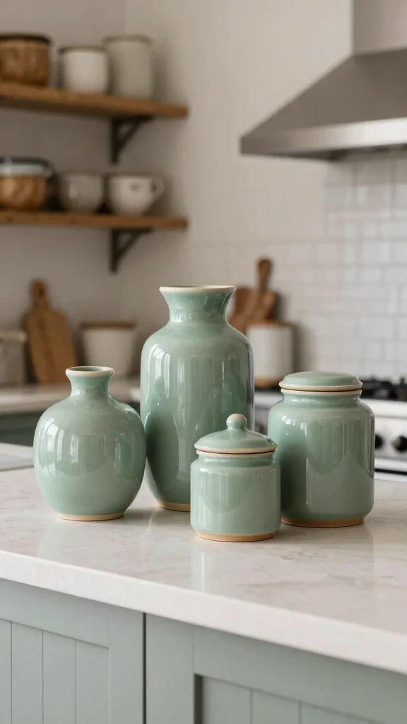 18 Farmhouse Sage Green Kitchen Ideas for a Cozy & Stylish Home - 18. Sage Green Pottery and Accessories 1