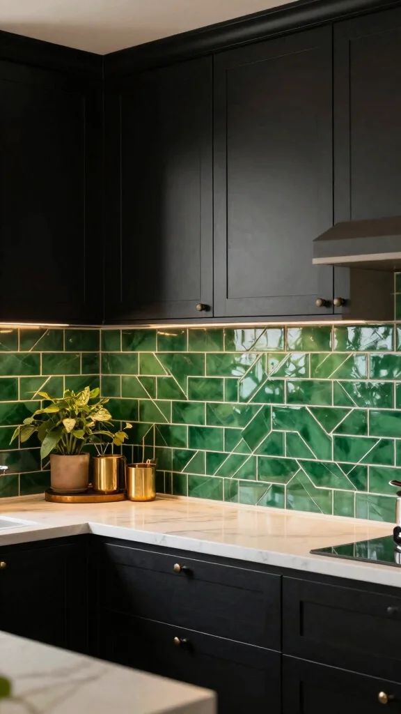 18 Green Backsplash Ideas for Kitchens with Black Cabinets - 1. Emerald Subway Tiles 1