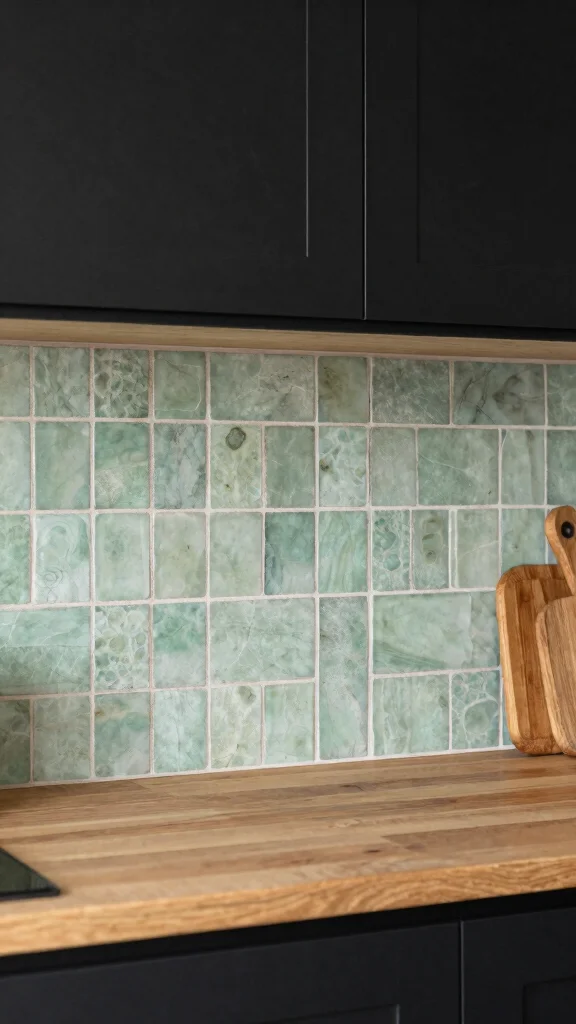18 Green Backsplash Ideas for Kitchens with Black Cabinets - 10. Light Green Pebble Tiles 1