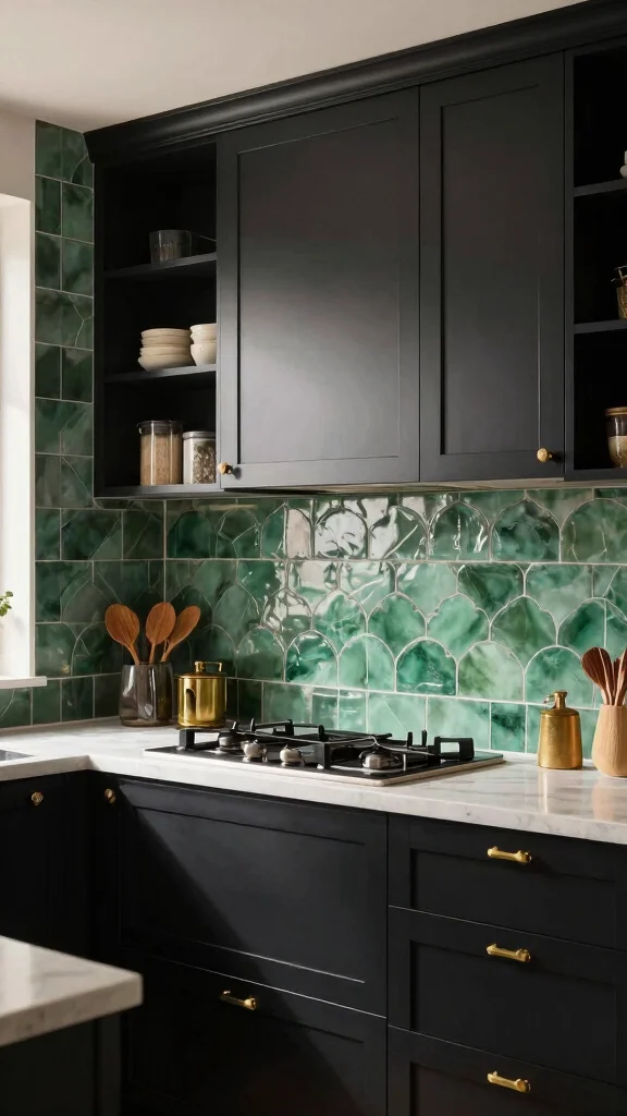 18 Green Backsplash Ideas for Kitchens with Black Cabinets - 13. Jade Green Tiles 1