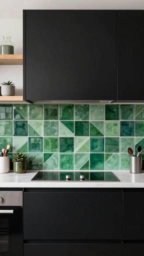 18 Green Backsplash Ideas for Kitchens with Black Cabinets - 15. Green Geometric Tiles 1