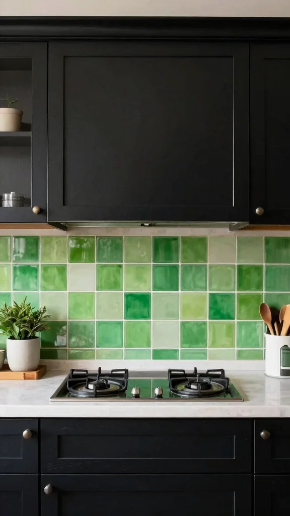 18 Green Backsplash Ideas for Kitchens with Black Cabinets - 17. Bright Green Accent Tiles 1