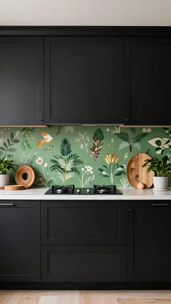 18 Green Backsplash Ideas for Kitchens with Black Cabinets - 18. Green Backsplash with Nature Motifs 1