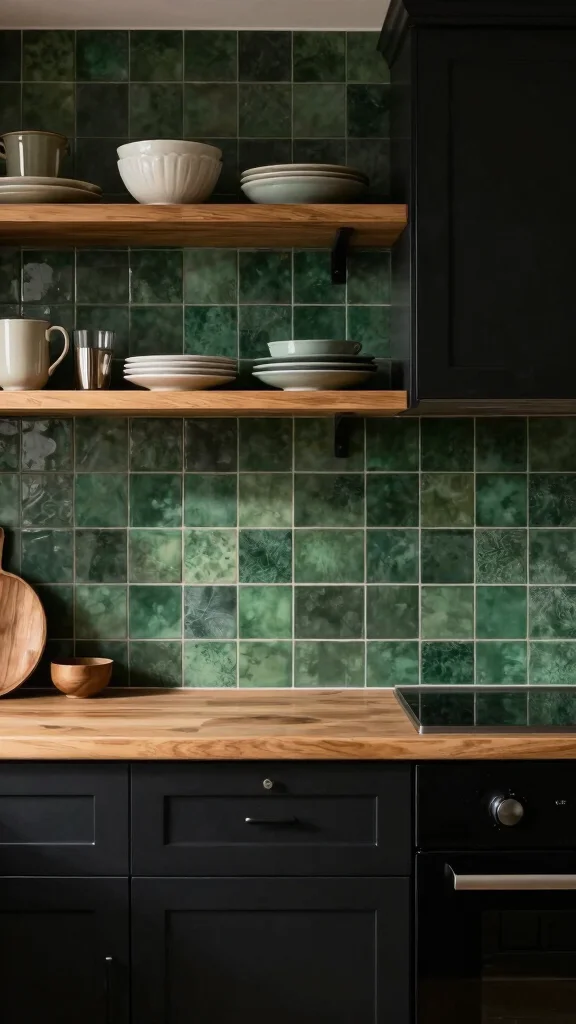 18 Green Backsplash Ideas for Kitchens with Black Cabinets - 4. Dark Forest Green Tiles 1