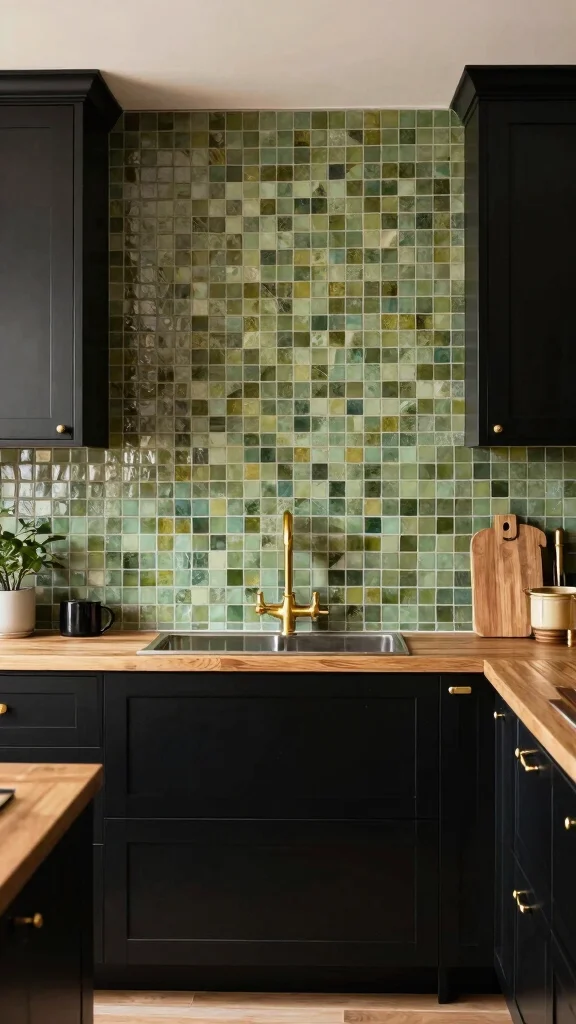 18 Green Backsplash Ideas for Kitchens with Black Cabinets - 6. Olive Green Mosaic Tiles 1
