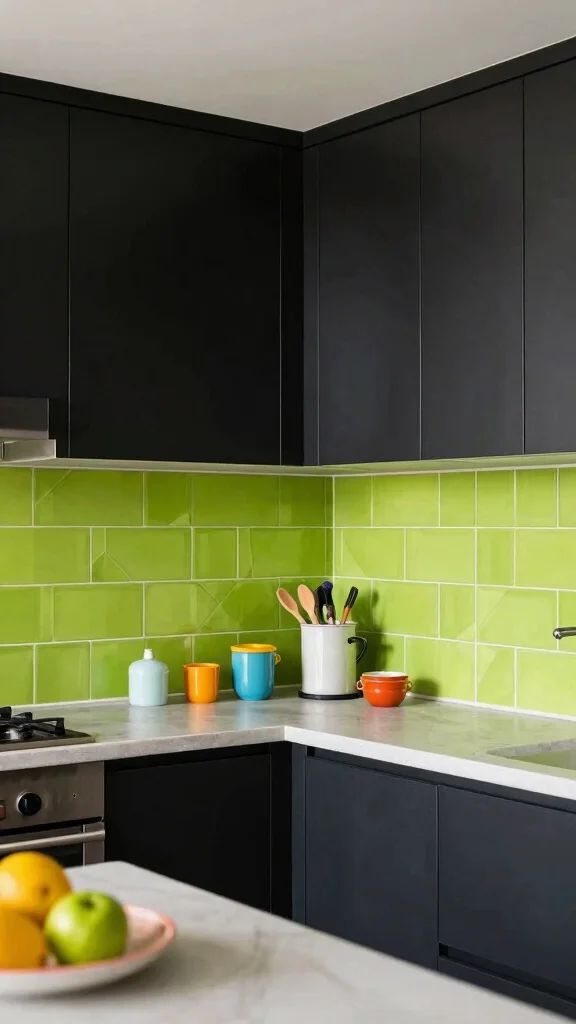 18 Green Backsplash Ideas for Kitchens with Black Cabinets - 7. Bright Lime Green Tiles 1