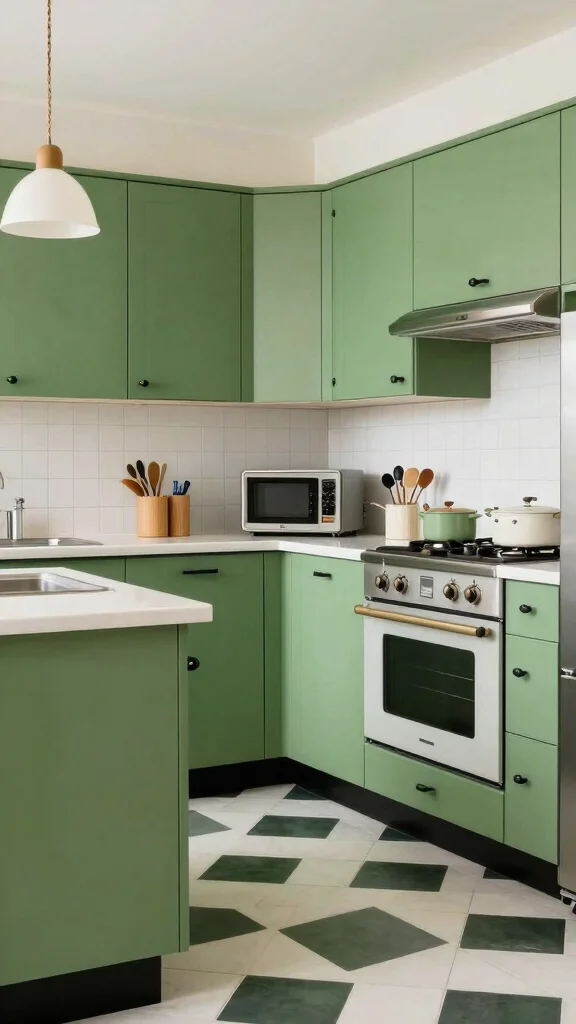 18 Green Cabinets with Black Hardware: Minimalist & Trendy - 16. Retro Green Vibes 1