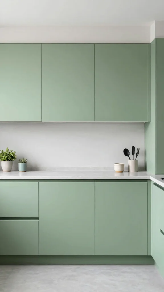 18 Green Cabinets with Black Hardware: Minimalist & Trendy - 7. Soft Green Minimalism 1