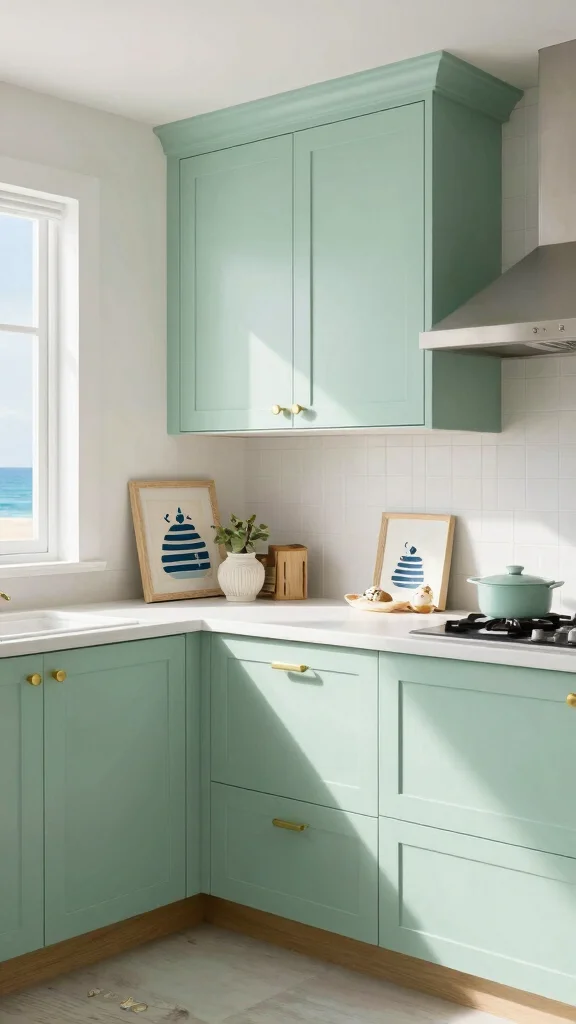 18 Green Cabinets with Gold Handles for a Chic Upgrade - 10. Soft Seafoam Green for a Coastal Feel 1