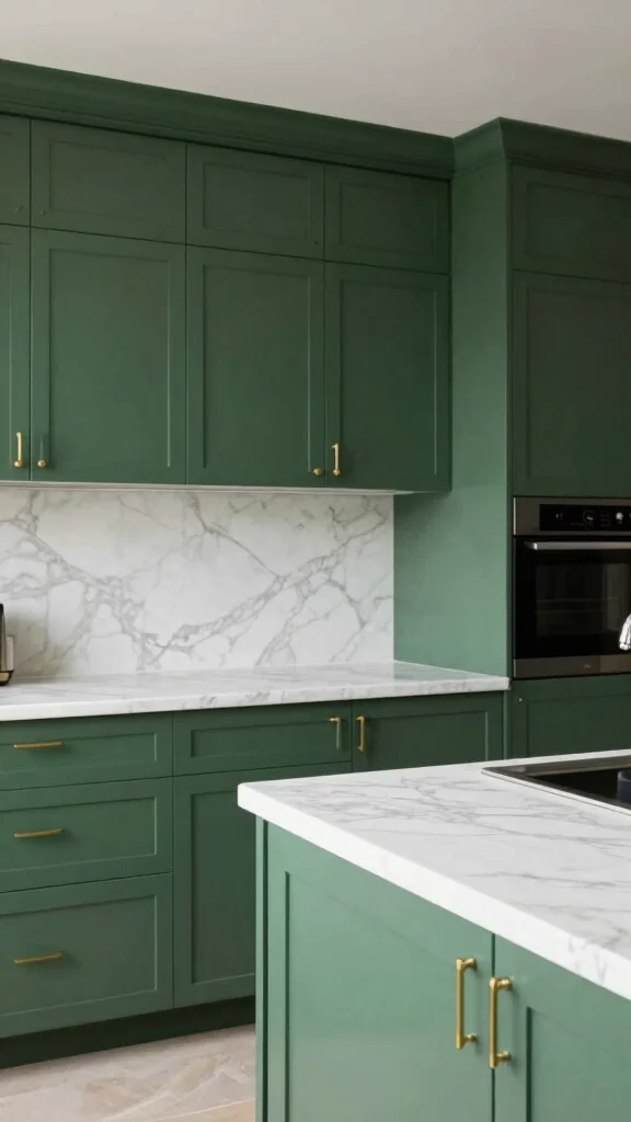 18 Green Cabinets with Gold Handles for a Chic Upgrade - 11. Forest Green with White Marble 1