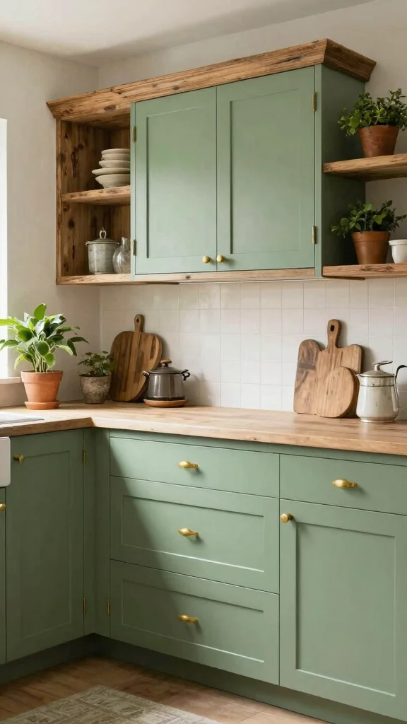 18 Green Cabinets with Gold Handles for a Chic Upgrade - 12. Natural Green with Rustic Accents 1