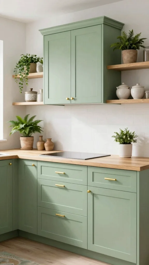 18 Green Cabinets with Gold Handles for a Chic Upgrade - 15. Soft Fern Green for a Natural Touch 1