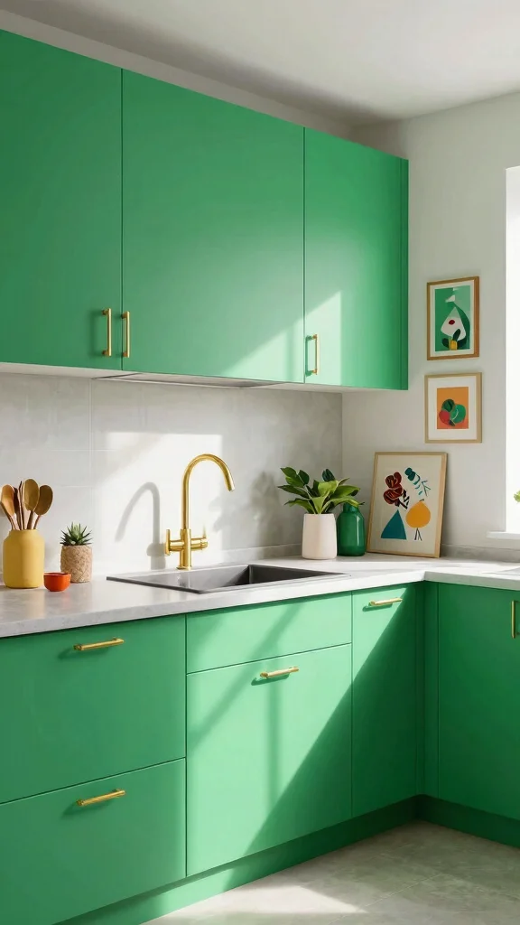 18 Green Cabinets with Gold Handles for a Chic Upgrade - 18. Bright Green for a Modern Pop 1