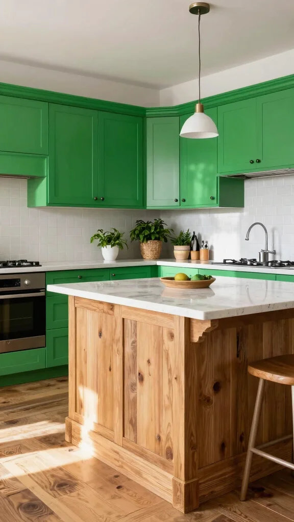 18 Green Kitchen Ideas with a Wooden Island as the Focal Point - 1. Bright Green Cabinets for a Bold Statement 1