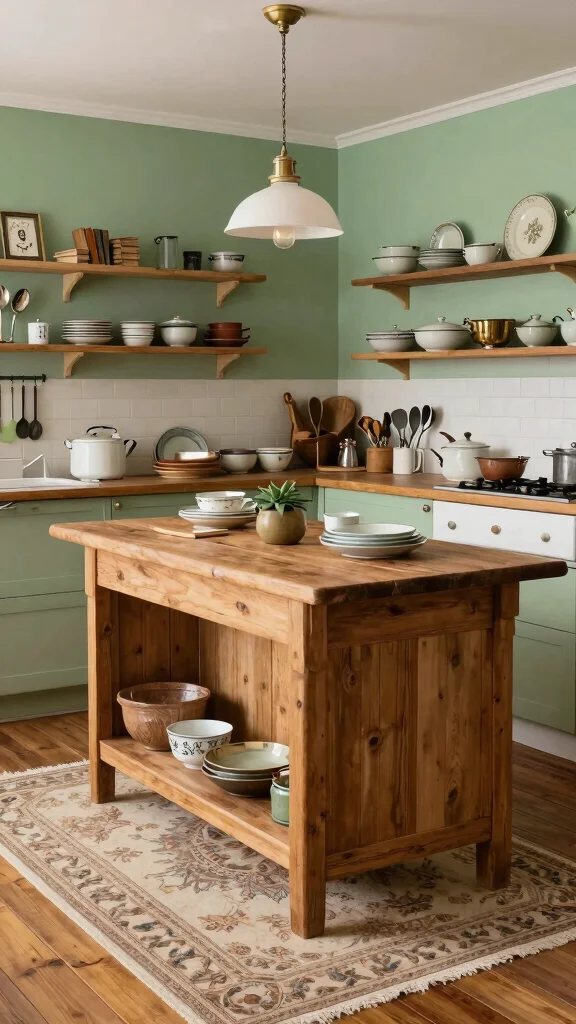 18 Green Kitchen Ideas with a Wooden Island as the Focal Point - 11. Vintage Accents for a Nostalgic Touch 1