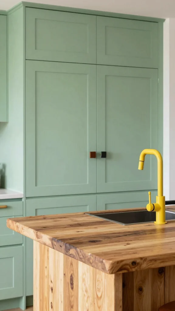 18 Green Kitchen Ideas with a Wooden Island as the Focal Point - 13. Bold Hardware Choices for a Modern Twist 1