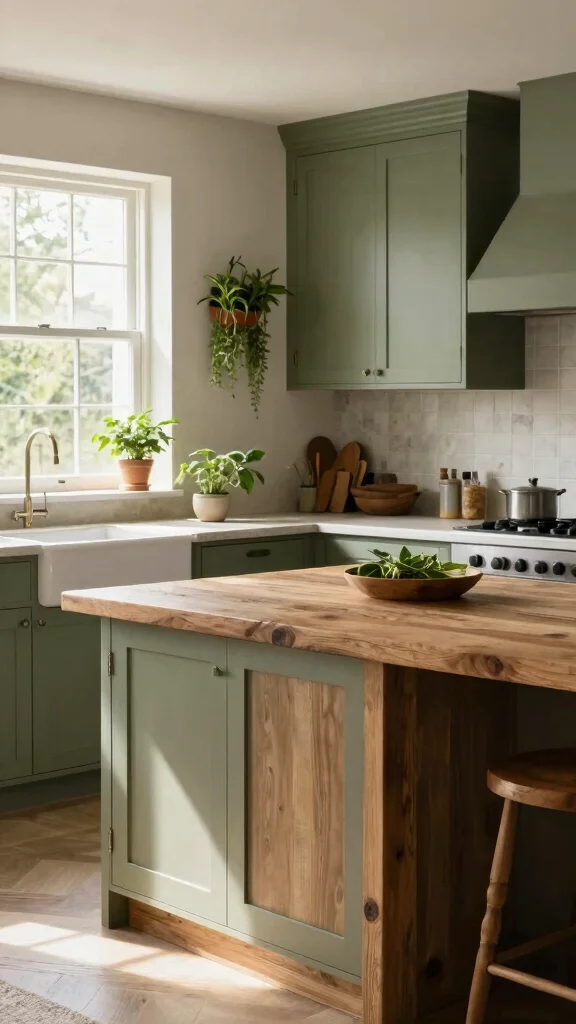 18 Green Kitchen Ideas with a Wooden Island as the Focal Point - 2. Earthy Green Tones for a Soothing Ambiance 1